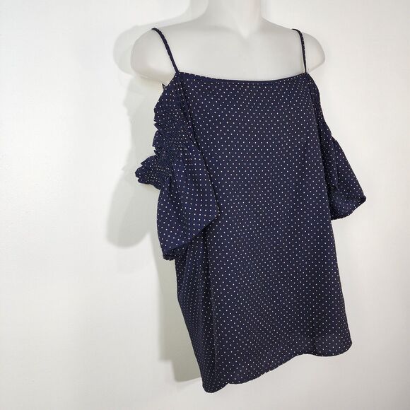 Jella C Womens Top Size XL Blue Tan Polka Dots Off the Shoulder Spaghetti Straps - Picture 4 of 8